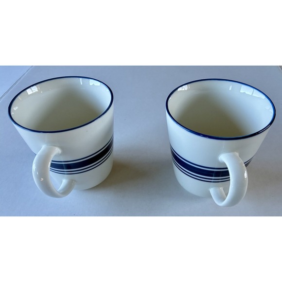 Mainstays Walmart Blue White Ringed Ceramic Coffee Mugs Lot of 2 Tea Cups - Picture 2 of 9